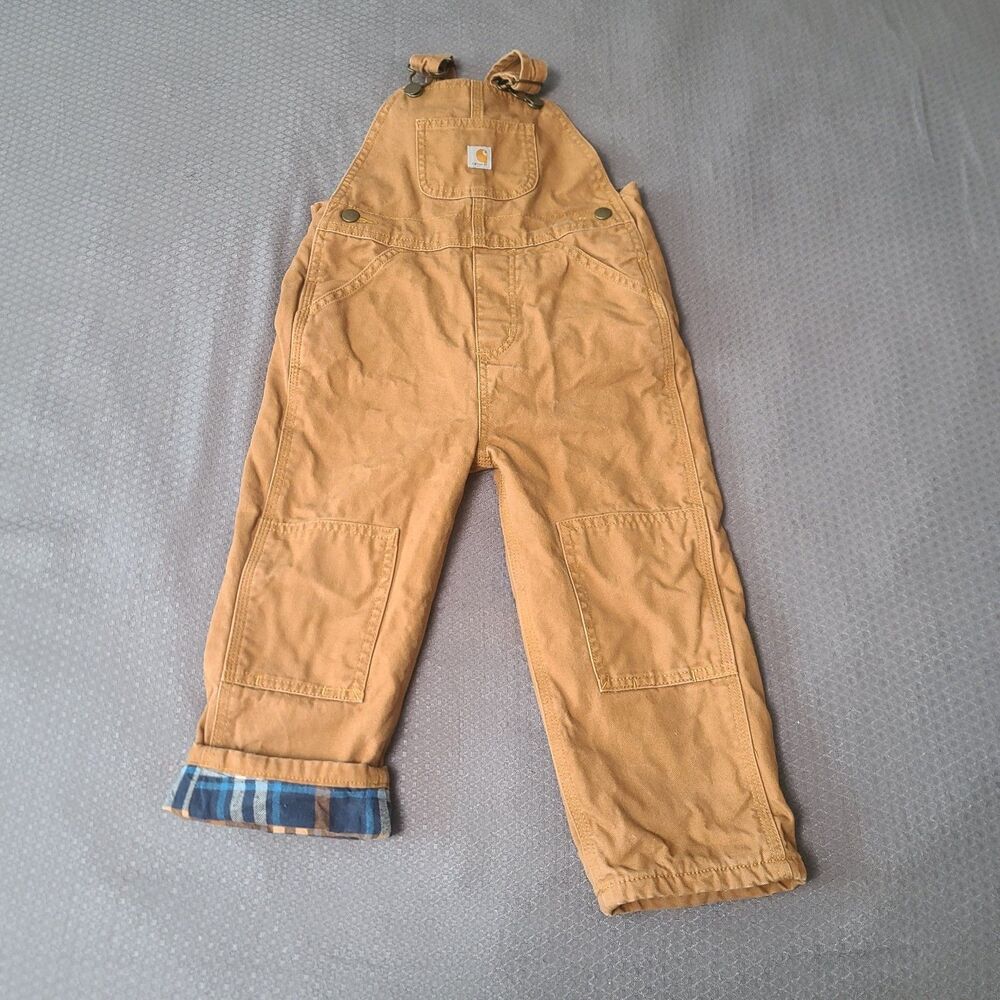 Carhartt Flannel Lined Double Knee Bib Overalls Toddler Sz 3T Duck Canvas Chore